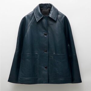 Zara teal blue genuine leather jacket shirt trucker utility style oversized fit